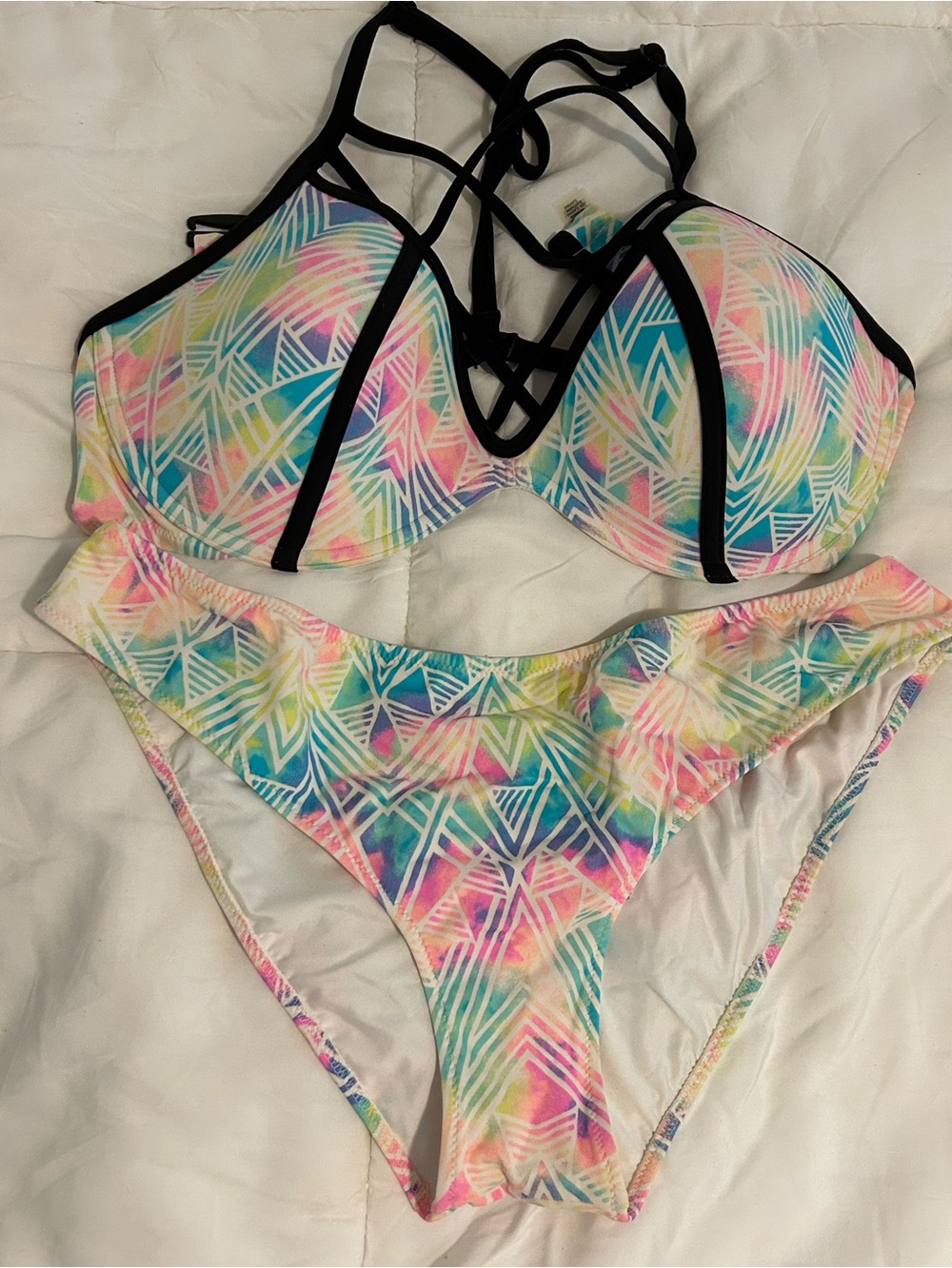 PINK Victoria's Secret Pastel Geometric Strappy Push-Up bikini.